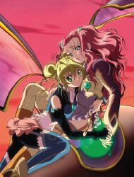  2girls aeru_(simoun) ass bare_shoulders between_thighs black_pantyhose black_thighhighs blonde_hair blue_eyes blue_thighhighs blush boots clouds cockpit commentary_request crop_top double_bun dress elbow_gloves fingerless_gloves frills garter_straps gem gloves glowing green_eyes hair_between_eyes hair_bun hair_ornament hairclip head_tilt high_heels holding_hands hug jacket jewelry kneehighs lace lace-trimmed_thighhighs lace_trim lips lipstick long_sleeves looking_at_viewer looking_back makeup mecha midriff miniskirt multiple_girls neviril_(simoun) nishida_asako official_art open_mouth orange_socks outdoors pantyhose parted_lips pink_hair profile robot shoes short_dress short_hair sidelocks signature simoun sitting skirt sky socks spread_legs straddling sunset thigh-highs transparent turtleneck wavy_hair yellow_socks yellow_thighhighs yuri zettai_ryouiki 
