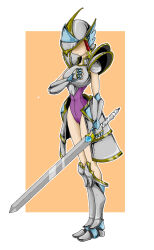  1girl absurdres armor armored_boots bandaged_sword boots breastplate breasts cuisses from_side greaves hand_on_own_chest helmet highres holding holding_sword holding_weapon jago_dibuja knee_guards knee_pads knight large_breasts leg_armor leotard looking_down metal_gloves no_pants original poleyn purple_leotard shin_guards shoulder_armor simple_background sword weapon wide_hips winged_helmet 