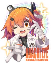  1girl a.i._voice absurdres adachi_rei android black_shirt character_name commentary_request datemegane gloves hair_between_eyes hair_ribbon hand_up headlamp highres jacket long_sleeves offering_hand open_clothes open_jacket orange_eyes orange_hair radio_antenna ribbon shirt side_ponytail simple_background solo teeth upper_body upper_teeth_only utau white_background white_gloves white_jacket white_ribbon 