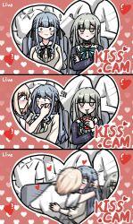  3girls bang_dream! bang_dream!_it's_mygo!!!!! black_choker black_ribbon blue_dress choker closed_mouth commentary cup dress drinking_straw drinking_straw_in_mouth green_hair hair_ornament hair_ribbon hairclip hand_on_another's_cheek hand_on_another's_face heart highres holding holding_cup hug kiss_cam long_hair long_sleeves misumi_uika multiple_girls ribbon shirt ssami togawa_sakiko wakaba_mutsumi white_shirt yellow_eyes yuri 