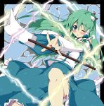  blue_eyes blush cover detached_sleeves foreshortening frog green_hair hair_ornament hands japanese_clothes kochiya_sanae lightning long_hair outstretched_arm piromizu snake touhou wince 