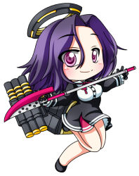  1girl black_gloves black_halo black_shoes black_skirt blush bow bowtie chibi chibi_only closed_mouth commentary_request frilled_sleeves frills full_body glaive_(polearm) gloves hair_between_eyes halo holding holding_polearm holding_weapon kantai_collection long_hair long_sleeves looking_at_viewer mechanical_halo miniskirt pink_eyes polearm purple_hair red_bow red_bowtie shinjitsu shirt shoes simple_background skirt smile solo standing standing_on_one_leg tatsuta_(kancolle) weapon white_background white_shirt 