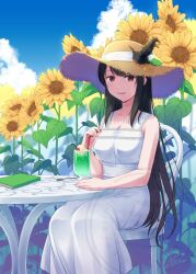  1girl alternate_costume blue_sky book breasts brown_hat clouds commentary_request day dress drink drinking_straw feet_out_of_frame field flower flower_field food fusou_(kancolle) hair_ornament hat headgear highres ice_cream ice_cream_float kantai_collection large_breasts looking_at_viewer nao_(nao_eg) outdoors sky sleeveless sleeveless_dress smile solo straw_hat sun_hat sundress sunflower sunflower_field table watermark white_dress 