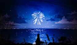  1girl aerial_fireworks badicine blue_sky blue_theme city clouds commentary_request english_commentary fireflies fireworks highres holding holding_fireworks horizon mixed-language_commentary night ocean original outdoors scenery silhouette sky sparkler star_(sky) starry_sky water 