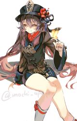  1girl absurdres black_hat black_nails black_shorts brown_hair brown_jacket bug butterfly butterfly_on_hand chinese_clothes flower flower-shaped_pupils genshin_impact hat hat_flower highres hu_tao_(genshin_impact) jacket jewelry long_hair long_sleeves looking_at_viewer mochi_upamo red_eyes red_flower red_shirt ring shirt shorts simple_background sitting smile solo symbol-shaped_pupils twintails twitter_username white_background wide_sleeves 