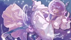 1girl :d arm_strap asymmetrical_legwear blonde_hair blue_background blue_pantyhose blue_sailor_collar clothes_down colored_inner_hair commentary_request dress earrings fingernails fishbowl_helmet floating flower flower_thigh_strap foot_up_heel_up full_body gradient_background hair_between_eyes hair_ornament hand_up head_tilt helmet highres indie_utaite jacket jewelry kisiki long_sleeves looking_ahead medium_hair mismatched_legwear multicolored_hair nail_art open_clothes open_jacket open_mouth outstretched_arm pantyhose petticoat platform_shoes print_pantyhose puffy_long_sleeves puffy_sleeves purple_background purple_flower purple_hair purple_pantyhose ring sailor_collar sailor_dress second-party_source shiho_(utaite) shoes sleeveless sleeveless_dress smile solo star_(symbol) star_hair_ornament star_in_eye star_print symbol_in_eye teeth thigh_strap upper_teeth_only utaite violet_eyes white_dress white_jacket 