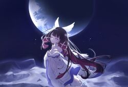  1girl bare_shoulders black_hair bow closed_mouth columbina_(genshin_impact) commentary cowboy_shot dress floating_hair from_side genshin_impact hair_ribbon head_wings highres long_hair looking_at_viewer multicolored_hair on_moon one_eye_closed planet purple_hair q_qtq ribbon solo streaked_hair twitter_username two-tone_hair violet_eyes white_bow white_dress white_ribbon white_wings wings 