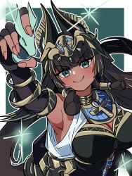  1girl absurdres ancient_egyptian_clothes animal_ears ankh ankh_necklace armpits bare_shoulders bracelet breasts chess_piece cleavage_cutout closed_mouth clothing_cutout commentary_request dark-skinned_female dark_skin duel_monster elbow_gloves fingerless_gloves gloves green_eyes hair_ornament highres holding holding_chess_piece jackal_ears jewelry long_hair looking_at_viewer low-tied_sidelocks sennet_prophet_-_nefertari sidelocks smile solo upper_body yu-gi-oh! zmts12gshokew 