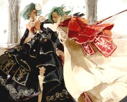  1boy 1girl black_dress black_flower blue_hair cape commentary_request dress dress_flower flower frilled_dress frills gallade gardevoir green_hair hacomol hair_flower hair_ornament highres mega_gallade mega_gardevoir personification pillar pokemon pokemon_(creature) red_eyes smile white_cape white_flower 