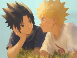  2boys aged_down black_eyes black_hair blonde_hair blue_eyes blue_shirt child commentary crew_neck english_commentary eye_contact facial_mark hand_on_own_face head_rest highres looking_at_another lying male_focus multiple_boys naruto_(classic) naruto_(series) on_stomach print_shirt profile shirt short_hair short_sleeves spiky_hair uchiha_sasuke uzumaki_naruto velvelsz whisker_markings white_shirt widow's_peak 