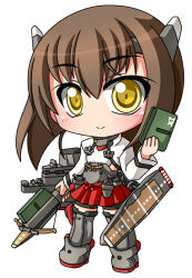  1girl bike_shorts bike_shorts_under_skirt blush brown_hair chibi chibi_only closed_mouth commentary_request crossbow full_body grey_shoes grey_thighhighs hair_between_eyes headgear holding holding_crossbow holding_weapon kantai_collection long_sleeves looking_at_viewer miniskirt pleated_skirt red_skirt shinjitsu shirt shoes short_hair simple_background skirt smile solo standing taihou_(kancolle) thigh-highs weapon white_background white_shirt yellow_eyes 