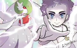  2girls artist_name blue_eyes bob_cut brown_hair commentary_request diantha_(pokemon) dress elbow_gloves eyeshadow gardevoir gloves green_hair highres jewelry makeup mega_evolution mega_gardevoir mega_pokemon mocha_fushigi multiple_girls necklace pokemon pokemon_(creature) pokemon_x_and_y red_eyes strapless strapless_dress white_gloves 