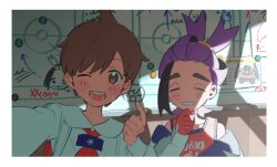  2boys arrow_(symbol) bin_aham black_hair blush border brown_eyes brown_hair closed_eyes finger_heart florian_(pokemon) gloves grin highres jacket kieran_(pokemon) long_sleeves looking_at_viewer male_focus multicolored_hair multiple_boys off_shoulder one_eye_closed open_clothes open_jacket open_mouth pokemon pokemon_scarlet_and_violet purple_hair red_gloves rhyperior selfie smile upper_body white_border whiteboard 