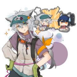  1girl animal_ears arknights armband blue_eyes chef_hat chibi chibi_inset chinese_commentary comedic_sweatdrop commentary_request frying_pan gloves green_gloves grey_hair hair_between_eyes hands_on_own_hips hat highres holding holding_plate hongshan_forest_zoo jacket lappland_(arknights) long_hair long_sleeves looking_at_viewer official_alternate_costume orange_armband plate purple_jacket scar scar_across_eye scar_on_face smile sparkle texas_(arknights) tongue tongue_out upper_body visor_cap white_background wolf_ears wolf_girl yizhishiqumengxiangdexiangpiya 