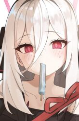  1girl absurdres blue_archive blush bow commentary_request food food_in_mouth hair_between_eyes hair_bow hairband halo highres kei_(blue_archive) kei_(student)_(blue_archive) long_hair mochi_(jun2743) pink_halo popsicle popsicle_in_mouth portrait red_eyes ringed_eyes solo white_hair 