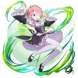  1girl :d apron armpits black_ribbon black_skirt black_sleeves blush breasts detached_sleeves dress flower frilled_skirt frills full_body game_asset grand_summoners hair_flower hair_ornament hair_over_one_eye hair_ribbon head_wreath looking_at_viewer maid maid_headdress mary_janes neck_ribbon official_art open_mouth pink_hair purple_ribbon ram_(re:zero) re:zero_kara_hajimeru_isekai_seikatsu red_eyes ribbon ribbon-trimmed_sleeves ribbon_trim roswaal_mansion_maid_uniform shoes short_hair simple_background skirt small_breasts smile solo thigh-highs waist_apron white_apron white_background white_thighhighs x_hair_ornament zettai_ryouiki 