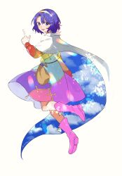  1girl bag boots brown_bag cape commentary dress hairband highres kalmeyaki long_sleeves looking_at_viewer medium_hair multicolored_dress multicolored_hairband open_mouth patchwork_clothes pink_boots pointing pouch purple_hair rainbow_gradient rainbow_hairband short_hair sky_print smile solo tenkyuu_chimata touhou two-sided_cape two-sided_fabric untranslatable_commentary violet_eyes white_cape 