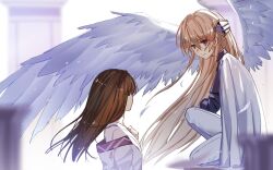  2girls angel_wings blonde_hair braid brown_hair closed_mouth commentary from_side hair_ornament hand_on_own_chest heaven_burns_red highres kiryuu_miya kr_woyue long_hair looking_at_viewer multiple_girls on_one_knee red_eyes shirakawa_yuina untranslatable_commentary wings 