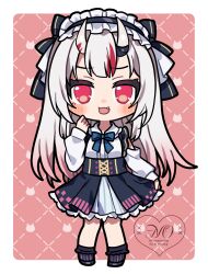 1girl :3 bandaged_horn black_bow black_outline black_shoes black_socks blue_ribbon blush bobby_socks border bow center_frills clothes_lift clothing_cutout collared_shirt commentary_request deformed fang frilled_hairband frilled_shirt frilled_shirt_collar frills full_body furrowed_brow hair_bow hairband hanasaki_ayame_(artist) hand_up high-waist_skirt highres hololive horns lolita_fashion lolita_hairband long_hair long_sleeves multicolored_hair nakiri_ayame nakiri_ayame_(girly) neck_ribbon outline overskirt pink_background pinstripe_pattern pinstripe_skirt pinstripe_socks punk_lolita red_eyes red_streaks ribbon shirt shoes shoulder_cutout skirt skirt_lift sleeve_cuffs socks solo streaked_hair suspender_skirt suspenders two-tone_background virtual_youtuber white_border white_hair white_horns white_shirt white_sleeves