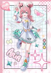  1girl absurdres aqua_eyes aqua_hair aqua_streaks aria_(human)_(zenless_zone_zero) aria_(zenless_zone_zero) arm_up blush breasts bridal_gauntlets center_frills character_name collarbone commentary_request dress fingerless_gloves frills full_body gloves hae_2429 hair_between_eyes heart heart_hands highres looking_at_viewer multicolored_hair open_mouth pink_gloves pink_hair quad_tails sidelocks small_breasts smile solo streaked_hair symbol-shaped_pupils white_bridal_gauntlets white_dress zenless_zone_zero 