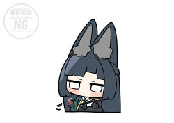  1girl absurdres animal_ear_fluff animal_ears aqua_jacket black_hair black_necktie black_skirt chibi commentary_request cutting_hair fox_ears fox_girl full_body highres hoshimi_miyabi jacket long_hair necktie scissors shinonome_nashi shirt skirt solo white_background white_shirt zenless_zone_zero 