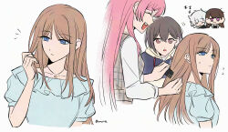  5girls bang_dream! bang_dream!_it's_mygo!!!!! blue_eyes blue_hoodie blue_shirt brown_hair brushing_another's_hair brushing_hair chihaya_anon closed_mouth comb commentary_request dress earrings fang grey_dress grey_hair highres holding holding_comb hood hood_down hoodie jewelry kana1782 kaname_raana logo long_hair messy_hair mole mole_under_eye multiple_girls mygo!!!!!_(bang_dream!) nagasaki_soyo necklace open_mouth pinafore_dress pink_hair shiina_taki shirt sidelocks simple_background single_earring sleeping sleeveless sleeveless_dress takamatsu_tomori thai_commentary violet_eyes white_background white_shirt 