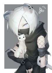  1girl animal_ear_piercing animal_ears animal_on_arm arknights black_gloves black_pants black_shirt blue_eyes border commentary_request cowboy_shot elbow_gloves eyebrow_piercing face_piercing fingerless_gloves fishnet_sleeves fishnets gloves grey_background hair_over_one_eye highres looking_at_viewer mask mosnp17343 mouth_mask one_eye_covered outside_border pants piercing shirayuki_(arknights) shirt short_sleeves simple_background slit_pupils solo weasel weasel_ears weasel_girl white_border white_hair 