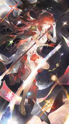  1girl absurdres astral_express_(honkai:_star_rail) asymmetrical_gloves bracelet cape chiaspicy chinese_commentary commentary_request dress earrings elbow_gloves flag floating_hair gloves gold_shoes hair_between_eyes half_gloves highres himeko_(honkai:_star_rail) himeko_(nova)_(honkai:_star_rail) holding holding_flag honkai:_star_rail honkai_(series) jewelry long_hair looking_down mismatched_gloves official_alternate_costume parted_lips red_cape red_gloves red_hair revision shoes single_elbow_glove solo uneven_gloves very_long_hair white_dress white_gloves yellow_eyes 