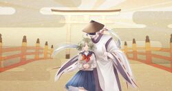 1boy 1girl ajirogasa black_lips blue_serafuku bridge commentary_request earrings green_eyes green_hair grey_hair hat highres hinako_(omusubi) issa_(omusubi) japanese_clothes jewelry kariginu libera long_hair official_art omusubi_(game) plump ponytail school_uniform serafuku short_hair skirt smile tassel tassel_earrings torii 