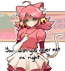  1girl absurdres ahoge animal_ears artist_name bell cat_ears cat_girl cat_tail commentary deltarune dress english_text frown green_eyes hair_bell hair_ornament hand_on_own_chest heart heart_necklace highres jewelry looking_down mad_mew_mew necklace pascal_suzu pink_dress pink_hair sad solo tail utdr_(toby_fox) 