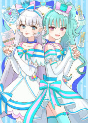  2girls :p anime_coloring aqua_bow aqua_bowtie aqua_hair aqua_hairband aqua_hat aqua_thighhighs argyle_background arm_warmers asako_(puiu9k) back_bow bag bag_bow bare_shoulders blue_border blue_bow blue_bowtie blue_choker blue_crown blue_eyes blunt_bangs border bow bow_choker bow_legwear bowtie brooch choker choppy_bangs clenched_hands closed_mouth collarbone commentary_request cowboy_shot crown crown_earrings cure_lillian cure_nyammy dress dress_bow earrings frilled_arm_warmers frilled_sleeves frilled_thighhighs frills grey_hair hair_bow hairband happy hat hat_bow heart heart_brooch high_side_ponytail highres jewelry long_hair magical_girl mini_crown mini_hat mini_top_hat multicolored_bow multiple_girls nekoyashiki_mayu nekoyashiki_yuki off-shoulder_dress off_shoulder open_mouth outside_border paw_pose pink_bow pink_eyes precure shiny_cats_pact short_dress short_sleeves side_ponytail single_stripe smile standing straight_hair strap striped_bow striped_bowtie striped_clothes tailcoat thigh-highs tongue tongue_out top_hat tsurime vertical-striped_border very_long_hair waist_bag white_arm_warmers white_background white_bag white_bow white_dress white_thighhighs wonderful_precure! zettai_ryouiki 