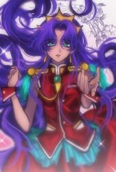  1girl aiguillette aqua_eyes bindi chinese_commentary commentary_request crown dress earrings floating_earrings happy2ni highres himemiya_anthy jewelry long_hair parted_lips purple_hair red_dress red_wrist_cuffs shoujo_kakumei_utena sleeveless sleeveless_dress solo very_long_hair wrist_cuffs 