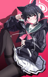  1girl animal_ears black_choker black_hair black_hoodie black_pantyhose blue_archive blush candy cat_choker cat_ears cat_girl chinese_commentary choker colored_inner_animal_ears colored_inner_hair commentary_request elinnasky extra_ears food green_sailor_collar halo highres holding holding_candy holding_food hood hoodie kazusa_(blue_archive) looking_at_viewer multicolored_hair neckerchief pantyhose pink_background pink_hair pink_halo pink_neckerchief pleated_skirt red_eyes sailor_collar short_hair simple_background skirt smile solo thighband_pantyhose trinity_general_school_logo two-tone_hair white_skirt 