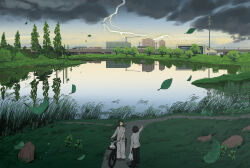  1girl 1other absurdres ambiguous_gender arm_at_side bag bicycle black_hair black_pants bridge building chinese_commentary clouds cloudy_sky commentary_request crane_(machine) crinoids day falling_leaves grass grey_pants grey_shirt highres holding holding_bag leaf lightning long_hair looking_at_another original outdoors outstretched_arm pants path plastic_bag pointing pond pushing_bicycle reflection reflective_liquid rock scenery shirt short_hair sky standing storm straight_hair tree water wide_shot 