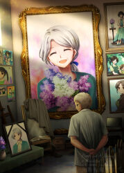  1boy 1girl age_progression amamiya_kotetsu aqua_cardigan blue_flower book bouquet cardigan closed_eyes commentary_request easel flower grey_hair grey_shirt highres holding holding_bouquet iei indoors long_hair looking_to_the_side old old_man old_woman open_book open_mouth original photo_(object) picture_frame ponytail portrait_(object) purple_flower shirt short_hair short_sleeves smile turning_head vase very_short_hair watermark white_flower 