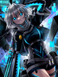  1girl animal_ears badge belt_pouch black_bodysuit black_jacket black_shorts blue_eyes blue_gloves bodysuit button_badge commentary cropped_jacket fake_animal_ears gloves grey_hair hair_ornament highres holding holding_sword holding_weapon icey icey_(game) jacket mikari_nekoko pouch shorts sword weapon 