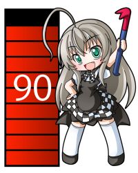  1girl :d ahoge apron black_apron black_bow black_bowtie black_shoes black_skirt bow bowtie checkered_bow checkered_bowtie checkered_clothes checkered_skirt chibi chibi_only commentary_request crowbar fang full_body green_eyes grey_hair haiyore!_nyaruko-san holding holding_crowbar long_hair looking_at_viewer nyarlathotep_(nyaruko-san) open_mouth shinjitsu shirt shoes short_sleeves simple_background skirt smile solo standing thigh-highs very_long_hair white_background white_shirt white_thighhighs 