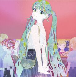  1boy 3girls absurdres arms_behind_back artist_name collage_(medium) commentary_request drill_hair green_eyes green_hair hatsune_miku highres kasane_teto long_hair looking_at_viewer looking_back masking_tape_(medium) multiple_girls pink_background red_eyes red_hair ryono twin_drills twintails unconventional_media very_long_hair vocaloid 