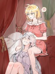  2girls ahoge anger_vein anisphia_wynn_palettia bed between_legs bite_mark bite_mark_on_neck blonde_hair canopy_bed closed_eyes commentary dress drying drying_another's_hair drying_hair english_commentary euphyllia_magenta grey_hair grin indoors khanhs long_hair multiple_girls on_bed open_mouth pink_dress purple_dress short_hair sitting smile spoken_anger_vein sweat tensei_oujo_to_tensai_reijou_no_mahou_kakumei yuri 