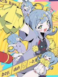  >_< 1girl :d ahoge aqua_hair arm_up bandaid bandaid_on_knee bandaid_on_leg blue_eyes blush_stickers chibi collared_shirt commentary_request emoji english_text flower-shaped_pupils hammer hatsune_miku highres holding holding_hammer holding_pom_poms jacket jumping leg_warmers looking_at_viewer multiple_views neenya_(deco27) o_o one_eye_closed pink_shoes pom_pom_(cheerleading) purple_jacket shirt shoes short_sleeves short_twintails smile symbol-shaped_pupils telepathy_(vocaloid) toy_hammer track_jacket twintails vocaloid white_leg_warmers yana_(gsgk0jxuweehcss) yellow_pupils 