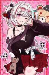  1girl :q ;q black_choker black_shirt blunt_bangs blush breasts choker commentary_request cowboy_shot eyewear_on_head facial_mark head_tilt heart heart_facial_mark honkai:_star_rail honkai_(series) jewelry long_sleeves looking_at_viewer medium_breasts miniskirt multicolored_hair necklace official_alternate_costume official_alternate_hairstyle one_eye_closed pink_eyes red_skirt red_streaks shirt simple_background single_bare_shoulder single_off_shoulder skirt solo sparkle_(honkai:_star_rail) sparxie_(candy-coated_waves)_(honkai:_star_rail) sparxie_(honkai:_star_rail) spriggan030 standing streaked_hair stuffed_animal stuffed_toy sunglasses teddy_bear tongue tongue_out twintails white_hair 