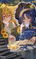  1boy 1girl absurdres black_hair black_hat blonde_hair blue_dress blue_ribbon book book_stack brown_jacket brown_vest commentary_request cookie crescent cup dress flower food hand_on_book hand_on_own_cheek hand_on_own_face hand_up hat highres holding holding_cup hoshimiya_miano jacket la_nuit_etoilee_(wuhua_mixin) looking_at_another looking_down multicolored_hair open_book plate reading red_eyes ribbon round_table shirt star-shaped_cookie star-shaped_food star_(symbol) streaked_hair sunflower table teacup tournesols_(wuhua_mixin) upper_body vest white_shirt wuhua_mixin yellow_background yellow_eyes yellow_flower 