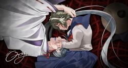  1boy 1girl absurdres ajirogasa black_lips blue_serafuku commentary_request earrings green_eyes green_hair grey_hair hat highres hinako_(omusubi) issa_(omusubi) japanese_clothes jewelry kariginu libera long_hair official_art omusubi_(game) plump ponytail rotational_symmetry school_uniform serafuku short_hair skirt smile string string_of_fate tassel tassel_earrings 