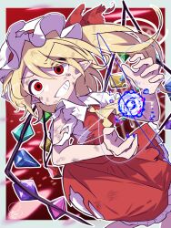  1girl ascot blonde_hair bow collared_shirt commentary crystal crystal_wings energy_ball flandre_scarlet frilled_shirt_collar frilled_skirt frills grin hat hat_bow highres long_hair magic mob_cap multicolored_wings one_side_up pointy_ears powering_up red_bow red_eyes red_skirt red_vest shirt signature skirt skirt_set smile soesoe300 solo sweatdrop torn_clothes torn_sleeves touhou vest white_hat white_shirt wings yellow_ascot 