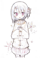  1girl amakaze_sora blush bow brown_jacket brown_thighhighs hair_between_eyes hair_bow hair_ornament hairclip jacket long_sleeves one_side_up open_mouth original pink_eyes pink_skirt pleated_skirt red_bow skirt sleeves_past_wrists solo thigh-highs white_background white_hair wide_sleeves 