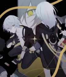  3girls 4boys black_gloves black_hair black_jacket black_pants black_shoes caelus_(honkai:_star_rail) chain clenched_hand closed_mouth collarbone commentary_request crying crying_with_eyes_open dan_heng_(honkai:_star_rail) dan_heng_(hunt)_(honkai:_star_rail) dual_persona empty_eyes eye_focus feet_out_of_frame fingerless_gloves fingernails floating_hair flower flower_ornament full_body gloves grey_hair hair_between_eyes hand_on_own_chest hand_up high_heels highres himeko_(honkai:_star_rail) honkai:_star_rail honkai_(series) hood hooded_jacket jacket lapels long_sleeves looking_at_another march_7th_(honkai:_star_rail) march_7th_(preservation)_(honkai:_star_rail) medium_hair multiple_boys multiple_girls nail_polish open_clothes open_jacket pants pocket_watch red_hair red_nails sad shinoki_4013 shirt shoes short_hair sitting standing star_(sky) stelle_(honkai:_star_rail) sunday_(honkai:_star_rail) t-shirt tears thread trailblazer_(honkai:_star_rail) two-sided_fabric two-sided_jacket wariza watch wavy_hair welt_yang white_flower white_shirt wrist_cuffs yellow_eyes yellow_jacket 