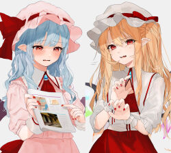  2girls absurdres adapted_costume alternate_hair_length_(longer) alternate_hairstyle ascot back_bow bat_wings blonde_hair blue_hair blush bow brooch cleavage_cutout clothing_cutout crystal crystal_wings disdain disgust dress fang flandre_scarlet frilled_shirt_collar frills gotoh_(nekocat) grey_background hair_between_eyes half_updo hat hat_bow hat_ribbon high_collar highres holding_flyer jewelry long_hair looking_at_viewer mob_cap multiple_girls nail_polish one_side_up parted_lips pink_dress pink_hat pointing pointing_at_object pointy_ears puffy_short_sleeves puffy_sleeves raised_eyebrow red_ascot red_bow red_dress red_eyes red_nails red_ribbon red_skirt remilia_scarlet ribbon sash scared short_sleeves side_ponytail sidelocks simple_background skirt squinting standing sweat sweatdrop touhou uneven_eyes upper_body white_hat white_sash wings wrist_cuffs wrist_ribbon 