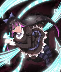  1girl absurdres black_dress black_hair blue_bow blue_eyes blue_ribbon blunt_bangs blunt_ends bow breasts bright_pupils chestnut_mouth collared_shirt colored_inner_hair commentary dress dutch_angle fighting_stance floating_hair frilled_dress frills full_body hair_bow hand_up highres hime_cut holding holding_sword holding_weapon juliet_sleeves large_breasts light_particles lolita_fashion long_hair long_sleeves looking_at_viewer multicolored_hair neck_ribbon no_sub_o11 open_mouth panty_&amp;_stocking_with_garterbelt pink_hair puffy_sleeves red_background ribbon shirt short_dress simple_background solo sound_effects sparkle stocking_(psg) striped_clothes striped_thighhighs sword thigh-highs two-tone_hair very_long_hair weapon white_pupils white_shirt 