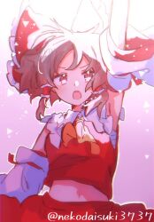  1girl arm_up ascot bow brown_eyes brown_hair chest_sarashi commentary detached_sleeves frilled_bow frilled_hair_tubes frills gradient_background hair_bow hair_tubes hakurei_reimu long_hair nekodaisuki3737 pink_background red_bow red_skirt sarashi skirt skirt_set solo touhou twitter_username yellow_ascot 