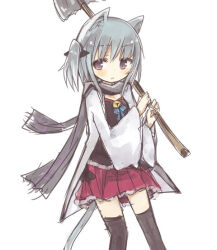  1girl amakaze_sora animal_ear_fluff animal_ears axe bell black_shirt black_thighhighs blush closed_mouth double-sided_axe grey_eyes grey_hair grey_scarf holding holding_axe jacket jingle_bell long_sleeves one_side_up open_clothes open_jacket original pleated_skirt red_skirt scarf shirt simple_background skirt thigh-highs white_background white_jacket wide_sleeves 